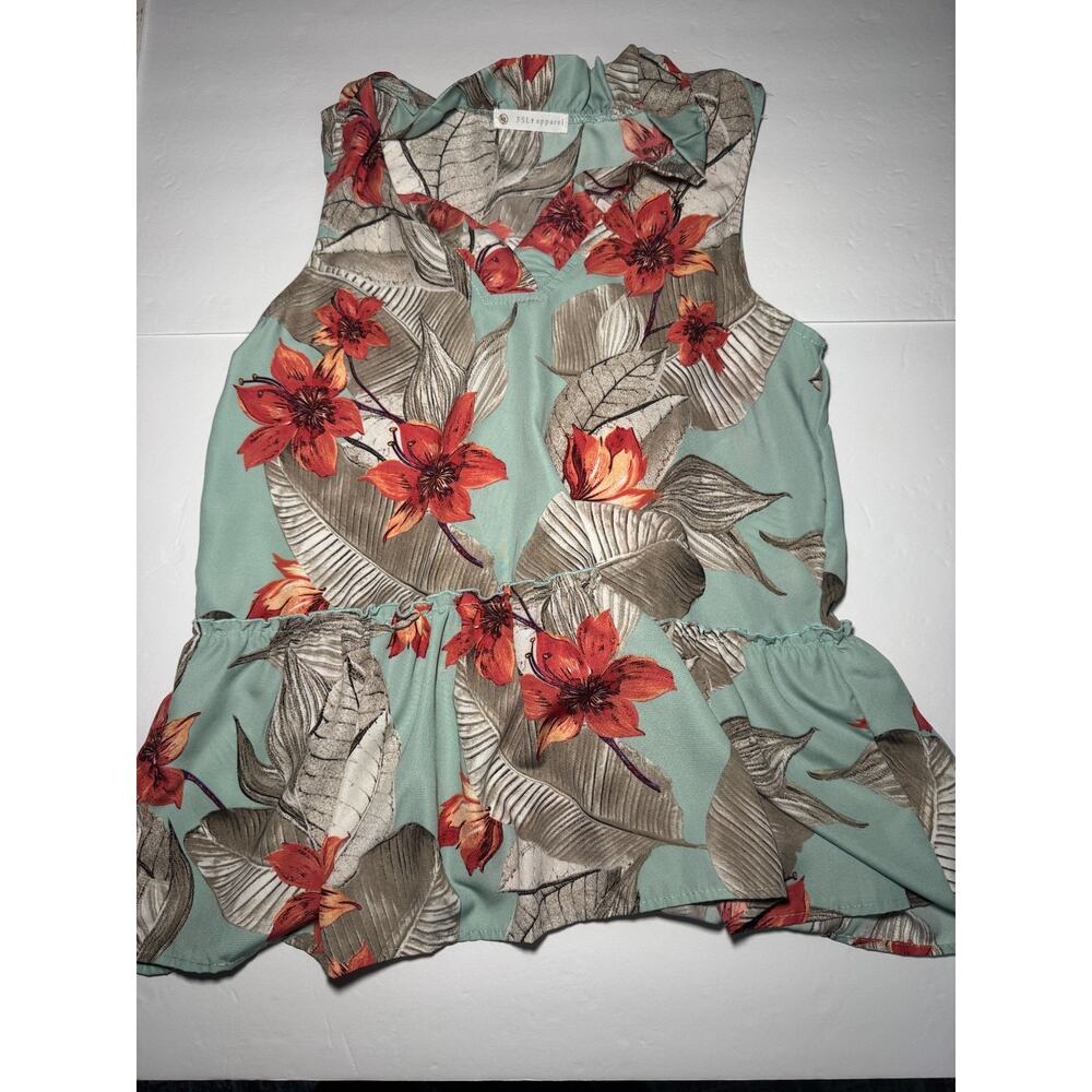 FSL Apparel Floral Sleeveless Blouse Womens Medium Mint Green Ruffle Boho Top